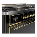 ILVE Majestic III 60-inch Dual Fuel Range with 7 Natural Gas Burner, Griddle, French Top and Solid Door Electric Oven in Glossy Black with Brass Trim (UM60FSQNR3BKG)