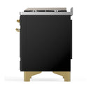 ILVE Majestic III 60-inch Dual Fuel Range with 7 Natural Gas Burner, Griddle, French Top and Solid Door Electric Oven in Glossy Black with Brass Trim (UM60FSQNR3BKG)