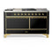 ILVE Majestic III 60-inch Dual Fuel Range with 7 Natural Gas Burner, Griddle, French Top and Solid Door Electric Oven in Glossy Black with Brass Trim (UM60FSQNR3BKG)