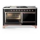 ILVE Majestic III 60-inch Dual Fuel Range with 5 Liquid Propane Burner, Griddle, French Top and Solid Door Electric Oven in Glossy Black with Copper Trim (UM60FSQNR3BKPLP)