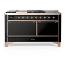 ILVE Majestic III 60-inch Dual Fuel Range with 7 Natural Gas Burner, Griddle, French Top and Solid Door Electric Oven in Glossy Black with Copper Trim (UM60FSQNR3BKP)