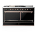 ILVE Majestic III 60-inch Dual Fuel Range with 7 Natural Gas Burner, Griddle, French Top and Solid Door Electric Oven in Glossy Black with Copper Trim (UM60FSQNR3BKP)