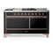 ILVE Majestic III 60-inch Dual Fuel Range with 7 Natural Gas Burner, Griddle, French Top and Solid Door Electric Oven in Glossy Black with Copper Trim (UM60FSQNR3BKP)