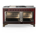 ILVE Majestic III 60-inch Dual Fuel Range with 7 Natural Gas Burner, Griddle, French Top and Solid Door Electric Oven in Burgundy with Burnished Trim (UM60FSQNR3BUB)