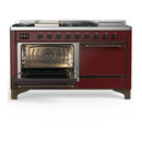 ILVE Majestic III 60-inch Dual Fuel Range with 7 Natural Gas Burner, Griddle, French Top and Solid Door Electric Oven in Burgundy with Burnished Trim (UM60FSQNR3BUB)