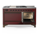 ILVE Majestic III 60-inch Dual Fuel Range with 7 Natural Gas Burner, Griddle, French Top and Solid Door Electric Oven in Burgundy with Burnished Trim (UM60FSQNR3BUB)