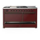 ILVE Majestic III 60-inch Dual Fuel Range with 7 Natural Gas Burner, Griddle, French Top and Solid Door Electric Oven in Burgundy with Burnished Trim (UM60FSQNR3BUB)