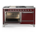 ILVE Majestic III 60-inch Dual Fuel Range with 5 Liquid Propane Burner, Griddle, French Top and Solid Door Electric Oven in Burgundy with Chrome Trim (UM60FSQNR3BUCLP)