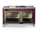 ILVE Majestic III 60-inch Dual Fuel Range with 7 Natural Gas Burner, Griddle, French Top and Solid Door Electric Oven in Burgundy with Chrome Trim (UM60FSQNR3BUC)