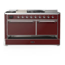 ILVE Majestic III 60-inch Dual Fuel Range with 7 Natural Gas Burner, Griddle, French Top and Solid Door Electric Oven in Burgundy with Chrome Trim (UM60FSQNR3BUC)