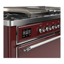 ILVE Majestic III 60-inch Dual Fuel Range with 7 Natural Gas Burner, Griddle, French Top and Solid Door Electric Oven in Burgundy with Chrome Trim (UM60FSQNR3BUC)
