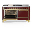 ILVE Majestic III 60-inch Dual Fuel Range with 5 Liquid Propane Burner, Griddle, French Top and Solid Door Electric Oven in Burgundy with Brass Trim (UM60FSQNR3BUGLP)