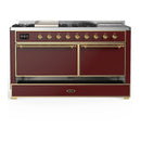 ILVE Majestic III 60-inch Dual Fuel Range with 5 Liquid Propane Burner, Griddle, French Top and Solid Door Electric Oven in Burgundy with Brass Trim (UM60FSQNR3BUGLP)