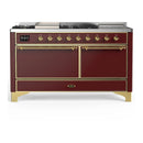 ILVE Majestic III 60-inch Dual Fuel Range with 7 Natural Gas Burner, Griddle, French Top and Solid Door Electric Oven in Burgundy with Brass Trim (UM60FSQNR3BUG)