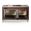 ILVE Majestic III 60-inch Dual Fuel Range with 7 Natural Gas Burner, Griddle, French Top and Solid Door Electric Oven in Burgundy with Brass Trim (UM60FSQNR3BUG)