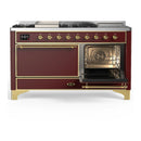 ILVE Majestic III 60-inch Dual Fuel Range with 7 Natural Gas Burner, Griddle, French Top and Solid Door Electric Oven in Burgundy with Brass Trim (UM60FSQNR3BUG)