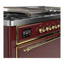 ILVE Majestic III 60-inch Dual Fuel Range with 7 Natural Gas Burner, Griddle, French Top and Solid Door Electric Oven in Burgundy with Brass Trim (UM60FSQNR3BUG)