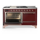ILVE Majestic III 60-inch Dual Fuel Range with 7 Natural Gas Burner, Griddle, French Top and Solid Door Electric Oven in Burgundy with Copper Trim (UM60FSQNR3BUP)