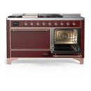 ILVE Majestic III 60-inch Dual Fuel Range with 7 Natural Gas Burner, Griddle, French Top and Solid Door Electric Oven in Burgundy with Copper Trim (UM60FSQNR3BUP)