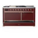 ILVE Majestic III 60-inch Dual Fuel Range with 7 Natural Gas Burner, Griddle, French Top and Solid Door Electric Oven in Burgundy with Copper Trim (UM60FSQNR3BUP)