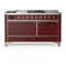 ILVE Majestic III 60-inch Dual Fuel Range with 7 Natural Gas Burner, Griddle, French Top and Solid Door Electric Oven in Burgundy with Copper Trim (UM60FSQNR3BUP)