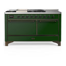 ILVE Majestic III 60-inch Dual Fuel Range with 7 Natural Gas Burner, Griddle, French Top and Solid Door Electric Oven in Emerald Green with Burnished Trim (UM60FSQNR3EGB)