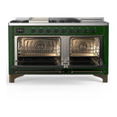 ILVE Majestic III 60-inch Dual Fuel Range with 7 Natural Gas Burner, Griddle, French Top and Solid Door Electric Oven in Emerald Green with Burnished Trim (UM60FSQNR3EGB)