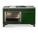ILVE Majestic III 60-inch Dual Fuel Range with 7 Natural Gas Burner, Griddle, French Top and Solid Door Electric Oven in Emerald Green with Burnished Trim (UM60FSQNR3EGB)