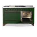 ILVE Majestic III 60-inch Dual Fuel Range with 7 Natural Gas Burner, Griddle, French Top and Solid Door Electric Oven in Emerald Green with Burnished Trim (UM60FSQNR3EGB)