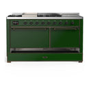 ILVE Majestic III 60-inch Dual Fuel Range with 7 Natural Gas Burner, Griddle, French Top and Solid Door Electric Oven in Emerald Green with Burnished Trim (UM60FSQNR3EGB)