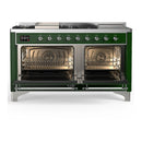 ILVE Majestic III 60-inch Dual Fuel Range with 5 Liquid Propane Burner, Griddle, French Top and Solid Door Electric Oven in Emerald Green with Chrome Trim (UM60FSQNR3EGCLP)