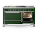 ILVE Majestic III 60-inch Dual Fuel Range with 5 Liquid Propane Burner, Griddle, French Top and Solid Door Electric Oven in Emerald Green with Chrome Trim (UM60FSQNR3EGCLP)