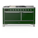 ILVE Majestic III 60-inch Dual Fuel Range with 7 Natural Gas Burner, Griddle, French Top and Solid Door Electric Oven in Emerald Green with Chrome Trim (UM60FSQNR3EGC)