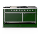 ILVE Majestic III 60-inch Dual Fuel Range with 7 Natural Gas Burner, Griddle, French Top and Solid Door Electric Oven in Emerald Green with Chrome Trim (UM60FSQNR3EGC)
