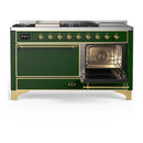 ILVE Majestic III 60-inch Dual Fuel Range with 5 Liquid Propane Burner, Griddle, French Top and Solid Door Electric Oven in Emerald Green with Brass Trim (UM60FSQNR3EGGLP)