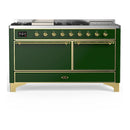 ILVE Majestic III 60-inch Dual Fuel Range with 7 Natural Gas Burner, Griddle, French Top and Solid Door Electric Oven in Emerald Green with Brass Trim (UM60FSQNR3EGG)
