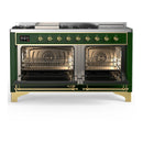 ILVE Majestic III 60-inch Dual Fuel Range with 7 Natural Gas Burner, Griddle, French Top and Solid Door Electric Oven in Emerald Green with Brass Trim (UM60FSQNR3EGG)