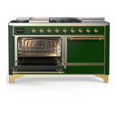 ILVE Majestic III 60-inch Dual Fuel Range with 7 Natural Gas Burner, Griddle, French Top and Solid Door Electric Oven in Emerald Green with Brass Trim (UM60FSQNR3EGG)