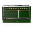 ILVE Majestic III 60-inch Dual Fuel Range with 7 Natural Gas Burner, Griddle, French Top and Solid Door Electric Oven in Emerald Green with Brass Trim (UM60FSQNR3EGG)