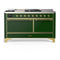 ILVE Majestic III 60-inch Dual Fuel Range with 7 Natural Gas Burner, Griddle, French Top and Solid Door Electric Oven in Emerald Green with Brass Trim (UM60FSQNR3EGG)