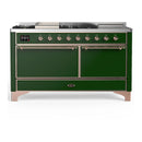 ILVE Majestic III 60-inch Dual Fuel Range with 5 Liquid Propane Burner, Griddle, French Top and Solid Door Electric Oven in Emerald Green with Copper Trim (UM60FSQNR3EGPLP)