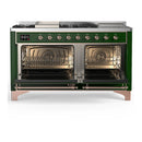 ILVE Majestic III 60-inch Dual Fuel Range with 5 Liquid Propane Burner, Griddle, French Top and Solid Door Electric Oven in Emerald Green with Copper Trim (UM60FSQNR3EGPLP)
