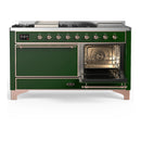 ILVE Majestic III 60-inch Dual Fuel Range with 5 Liquid Propane Burner, Griddle, French Top and Solid Door Electric Oven in Emerald Green with Copper Trim (UM60FSQNR3EGPLP)