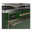 ILVE Majestic III 60-inch Dual Fuel Range with 5 Liquid Propane Burner, Griddle, French Top and Solid Door Electric Oven in Emerald Green with Copper Trim (UM60FSQNR3EGPLP)