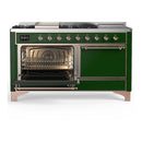ILVE Majestic III 60-inch Dual Fuel Range with 7 Natural Gas Burner, Griddle, French Top and Solid Door Electric Oven in Emerald Green with Copper Trim (UM60FSQNR3EGP)