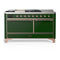 ILVE Majestic III 60-inch Dual Fuel Range with 7 Natural Gas Burner, Griddle, French Top and Solid Door Electric Oven in Emerald Green with Copper Trim (UM60FSQNR3EGP)