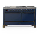 ILVE Majestic III 60-inch Dual Fuel Range with 7 Natural Gas Burner, Griddle, French Top and Solid Door Electric Oven in Midnight Blue with Burnished Trim (UM60FSQNR3MBB)