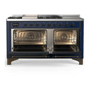 ILVE Majestic III 60-inch Dual Fuel Range with 7 Natural Gas Burner, Griddle, French Top and Solid Door Electric Oven in Midnight Blue with Burnished Trim (UM60FSQNR3MBB)
