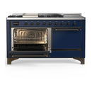 ILVE Majestic III 60-inch Dual Fuel Range with 7 Natural Gas Burner, Griddle, French Top and Solid Door Electric Oven in Midnight Blue with Burnished Trim (UM60FSQNR3MBB)