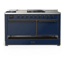 ILVE Majestic III 60-inch Dual Fuel Range with 7 Natural Gas Burner, Griddle, French Top and Solid Door Electric Oven in Midnight Blue with Burnished Trim (UM60FSQNR3MBB)